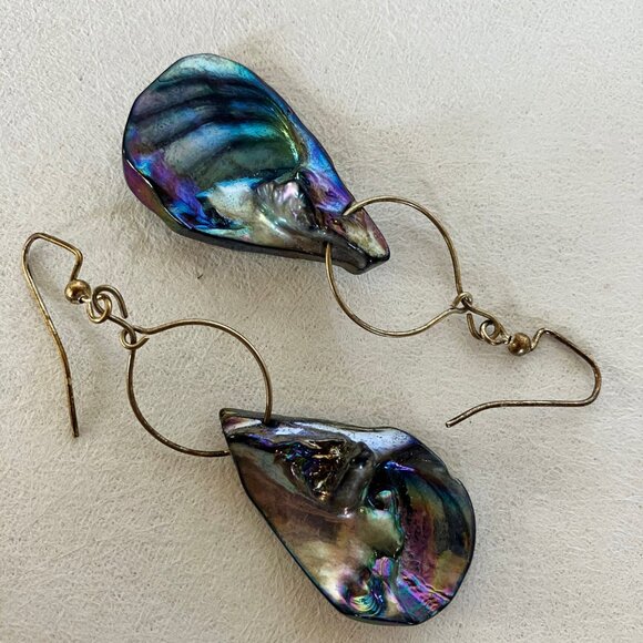 Iridescent Hoop Earrings Blue Green Purple Shell Hand Crafted Dangle Pierced New - Picture 7 of 7